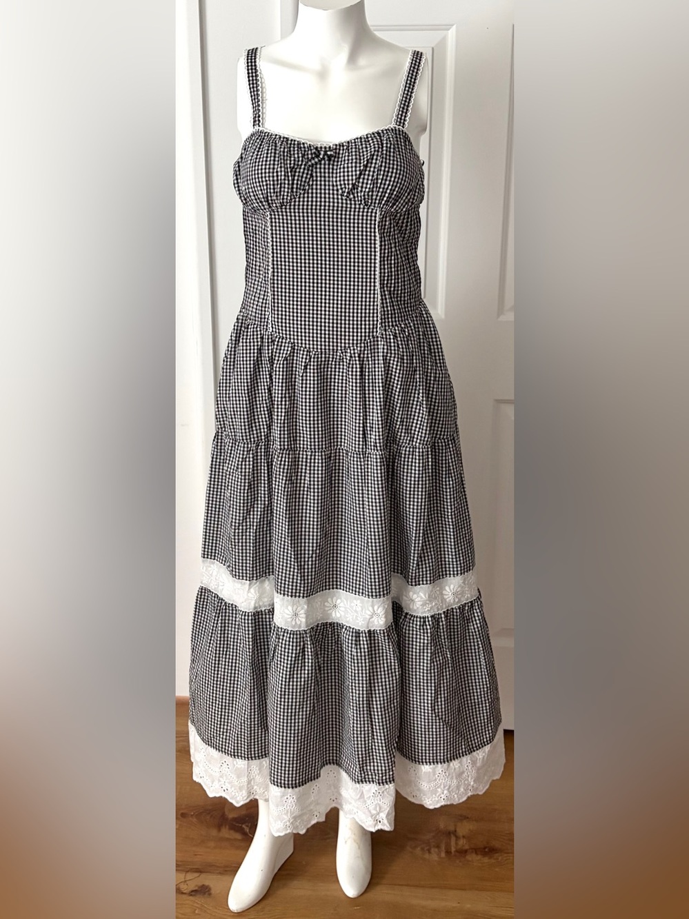 NWT. Jacqui E Black & White Gingham Maxi Dress with Lace Panels
